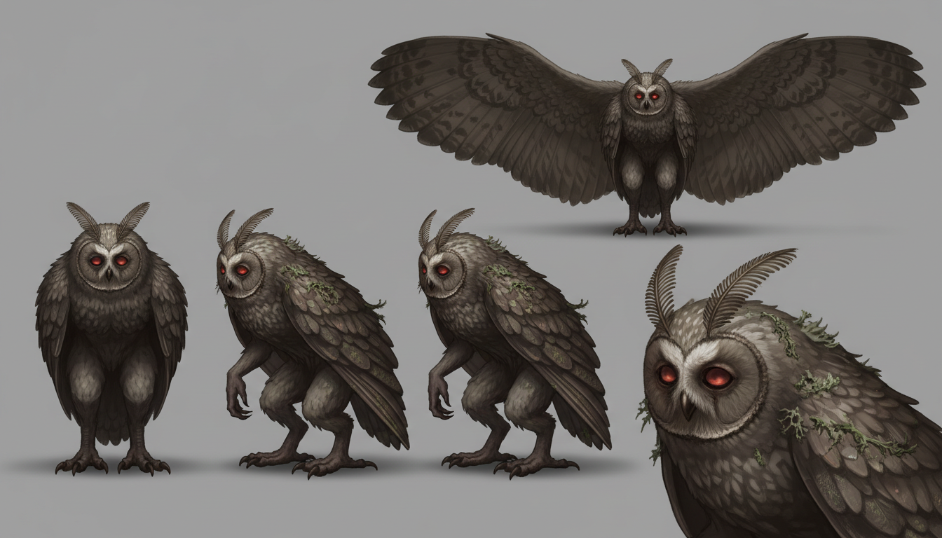 Character study of the Hammock Owl: owl-and-moth hybrid with red eyes, antennae, and great feathered wings